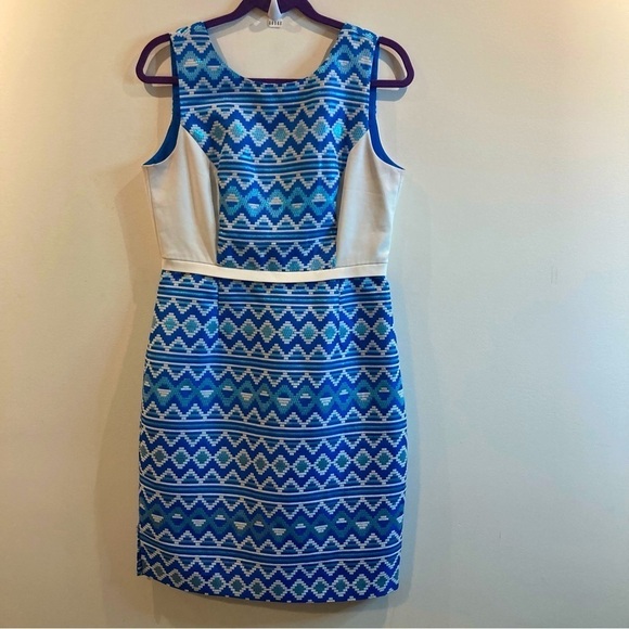 BELLE by Badgley Mischka Sz 8 Metallic Aztec Motif White Accent Midi Dress - Picture 1 of 13